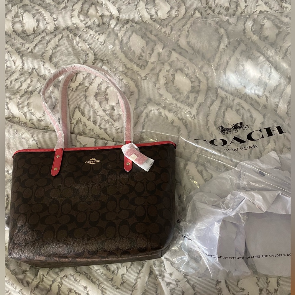 Coach Brown Signature Tote with Pink Trim